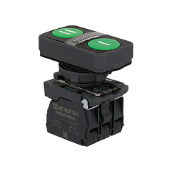 Кнопка двойная плоская с подсветкой, зеленая, маркировка "I+II", 2NO, 24V AC/DC, IP65, пластик